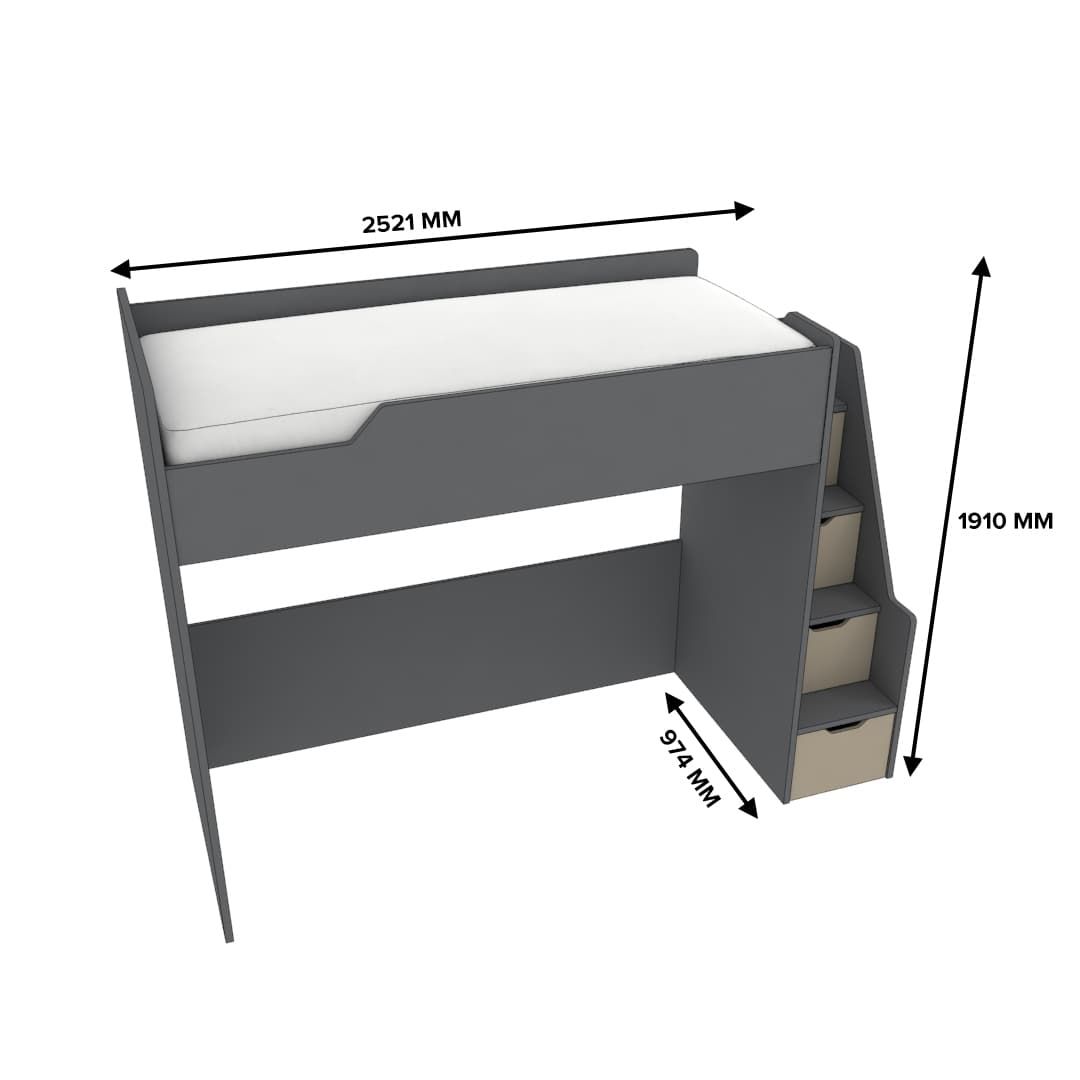 Кровать-чердак  с лестницей комодом Z907, 90х200 L/R 